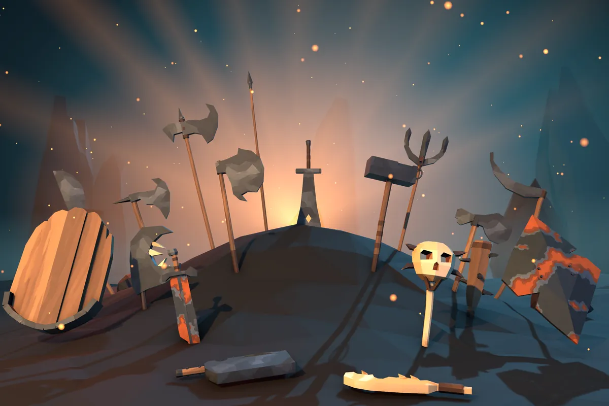 Key art of the Low Poly Enemy Melee Weapons pack: a mound of planted axes, polearms, a skull mace and shields lit by a low orange sun.